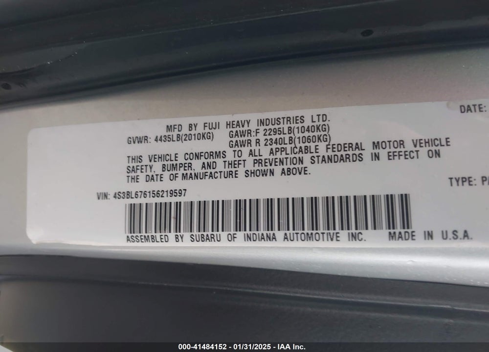 2005 SUBARU LEGACY 2.5GT LIMITED VIN: 4S3BL676156219597