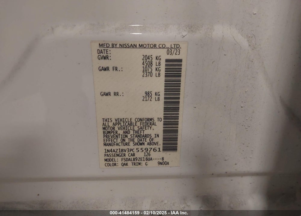 2023 NISSAN LEAF S 40 KWH VIN: 1N4AZ1BV3PC559761