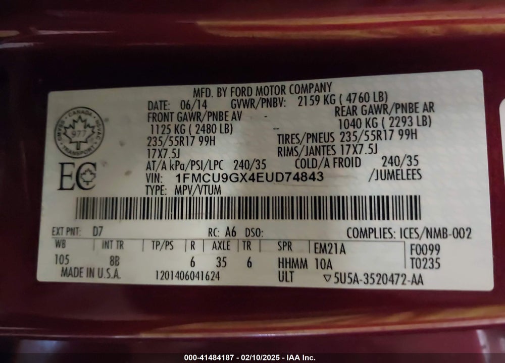 2014 FORD ESCAPE VIN: 1FMCU9GX4EUD74843