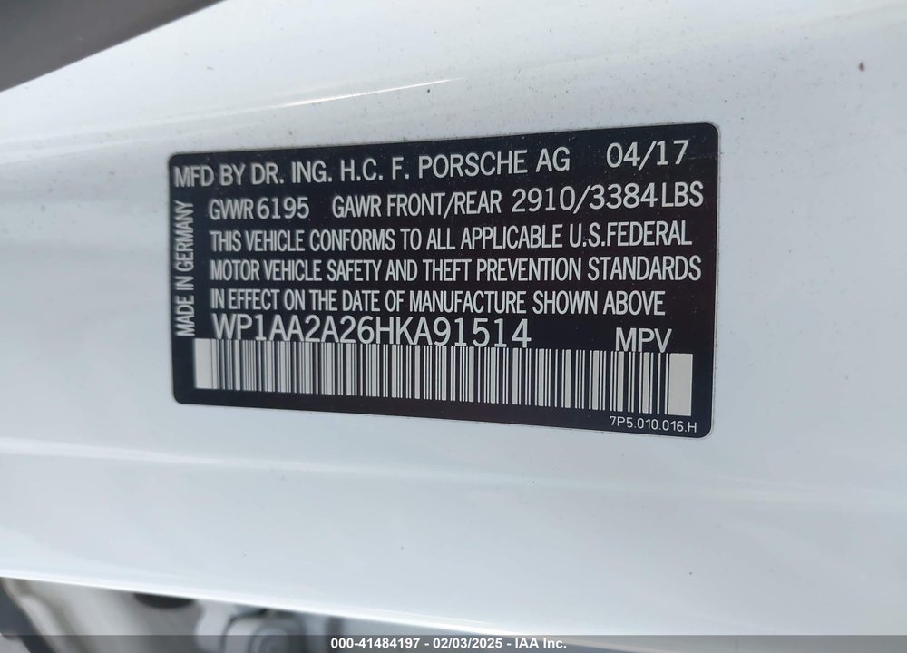 2017 PORSCHE CAYENNE VIN: WP1AA2A26HKA91514