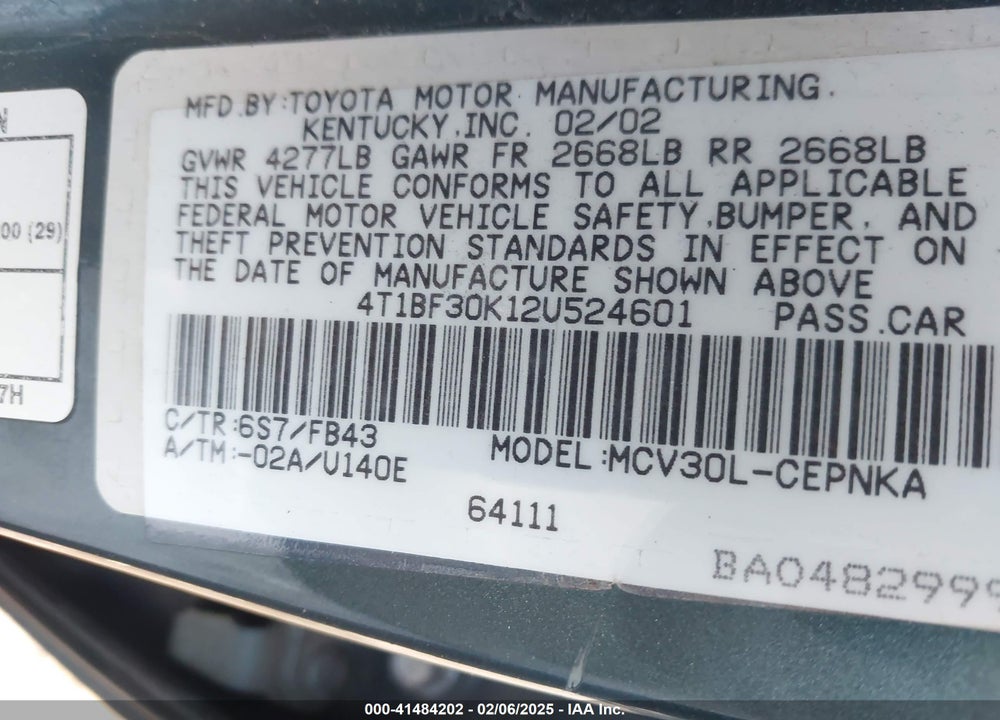 2002 TOYOTA CAMRY LE V6 VIN: 4T1BF30K12U524601