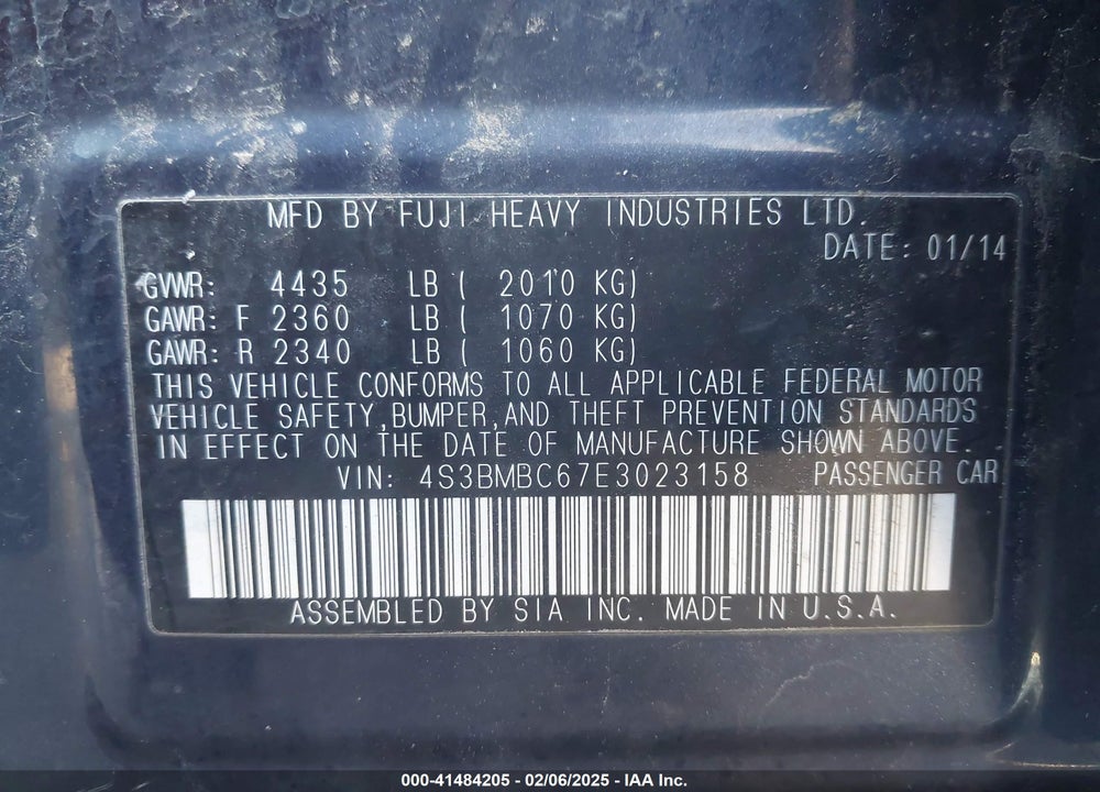 2014 SUBARU LEGACY VIN: 4S3BMBC67E3023158