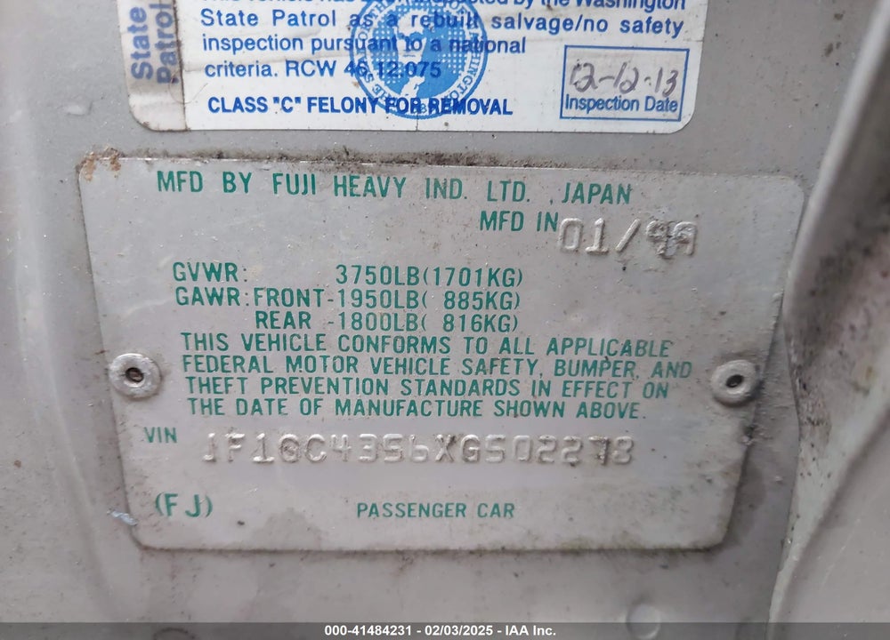 1999 SUBARU IMPREZA L VIN: JF1GC4356XG502278