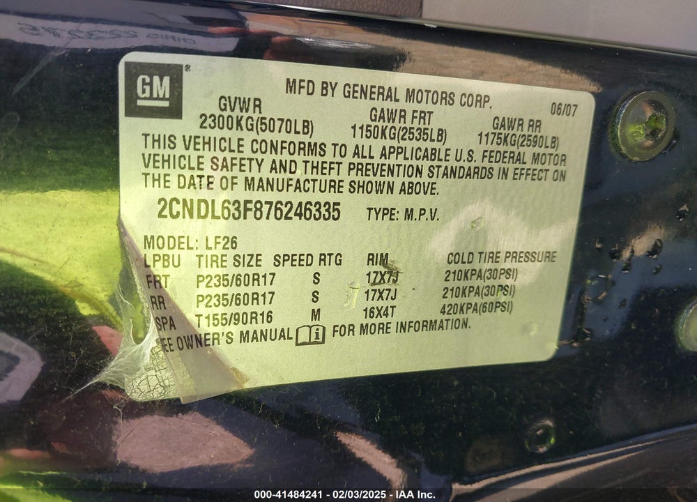 2007 CHEVROLET EQUINOX VIN: 2CNDL63F876246335