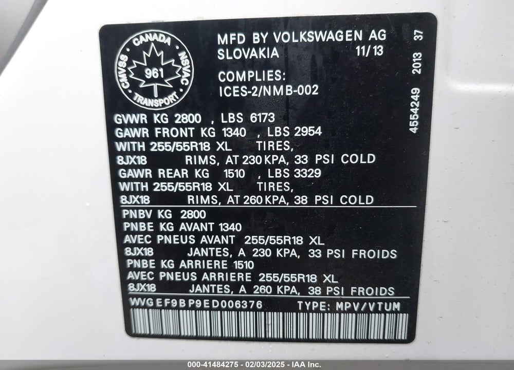 2014 VOLKSWAGEN TOUAREG 3.6L EXECUTIVE/3.6L LUX/3.6L R-LINE/3.6L SPORT VIN: WVGEF9BP9ED006376