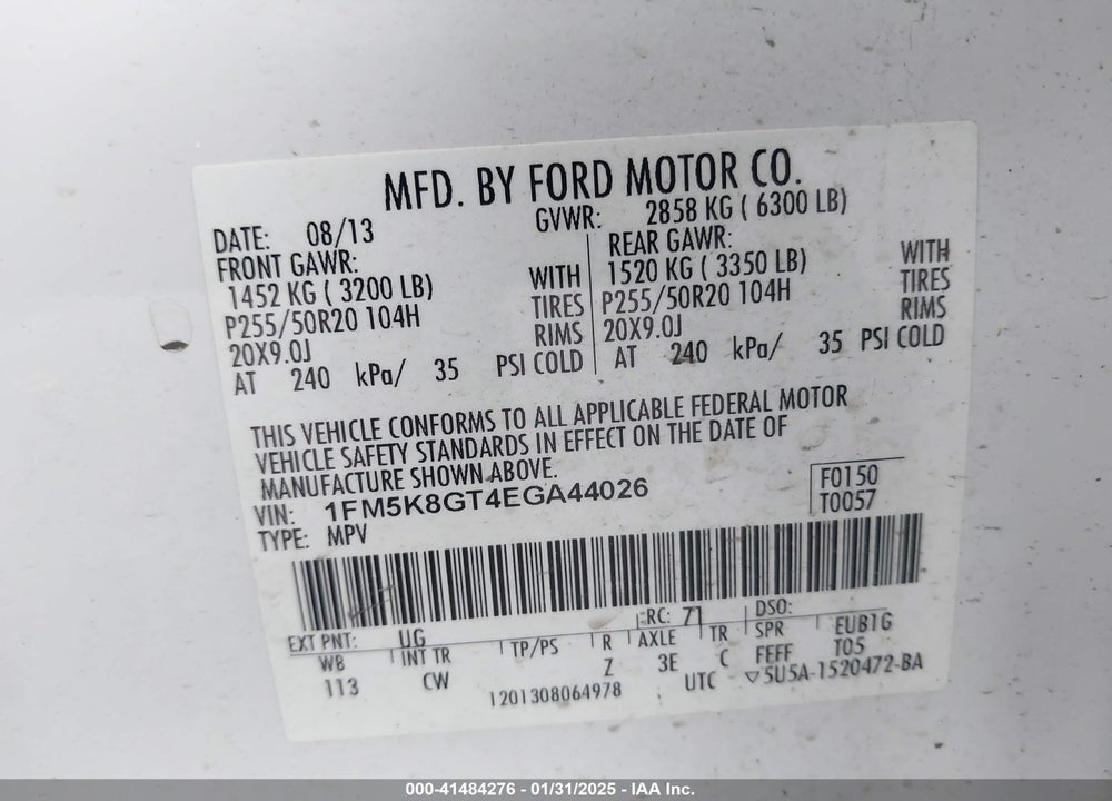 2014 FORD EXPLORER VIN: 1FM5K8GT4EGA44026