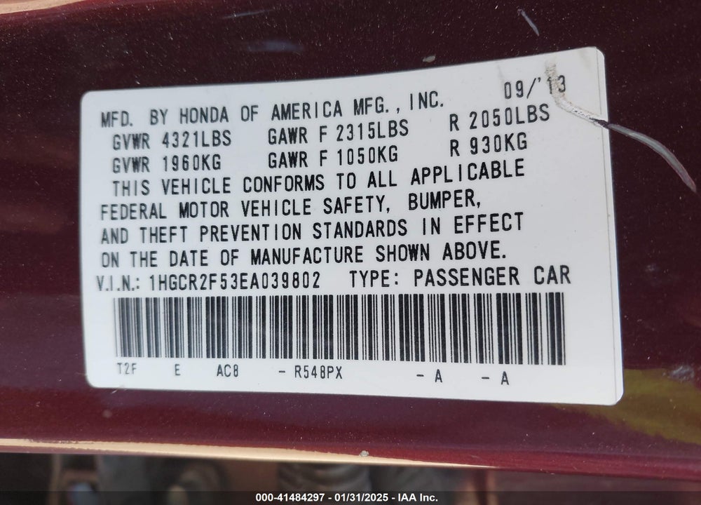 2014 HONDA ACCORD SPORT VIN: 1HGCR2F53EA039802