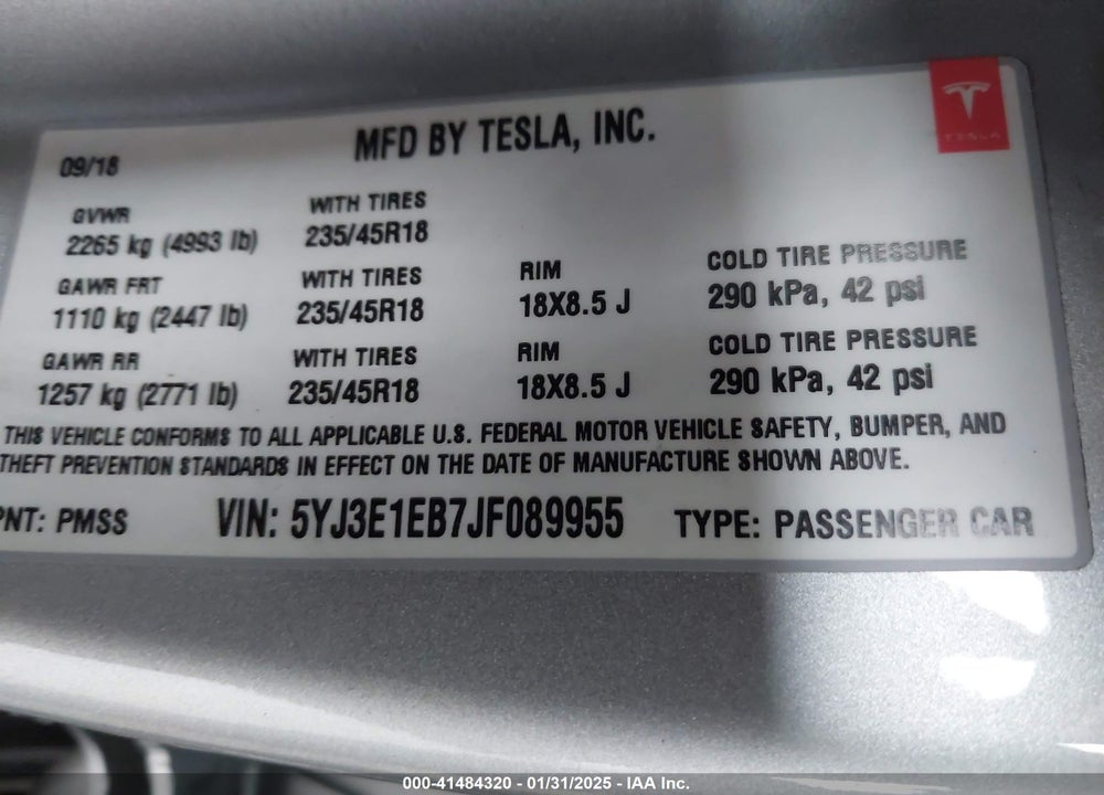 2018 TESLA MODEL 3 VIN: 5YJ3E1EB7JF089955