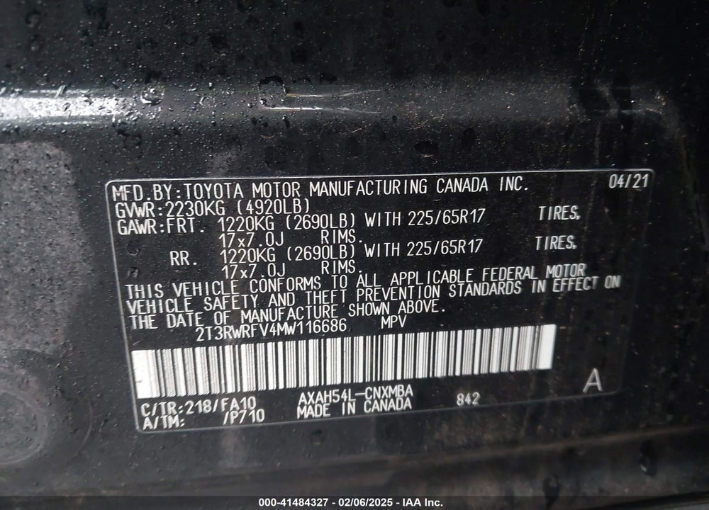 2021 TOYOTA RAV4 HYBRID XLE VIN: 2T3RWRFV4MW116686