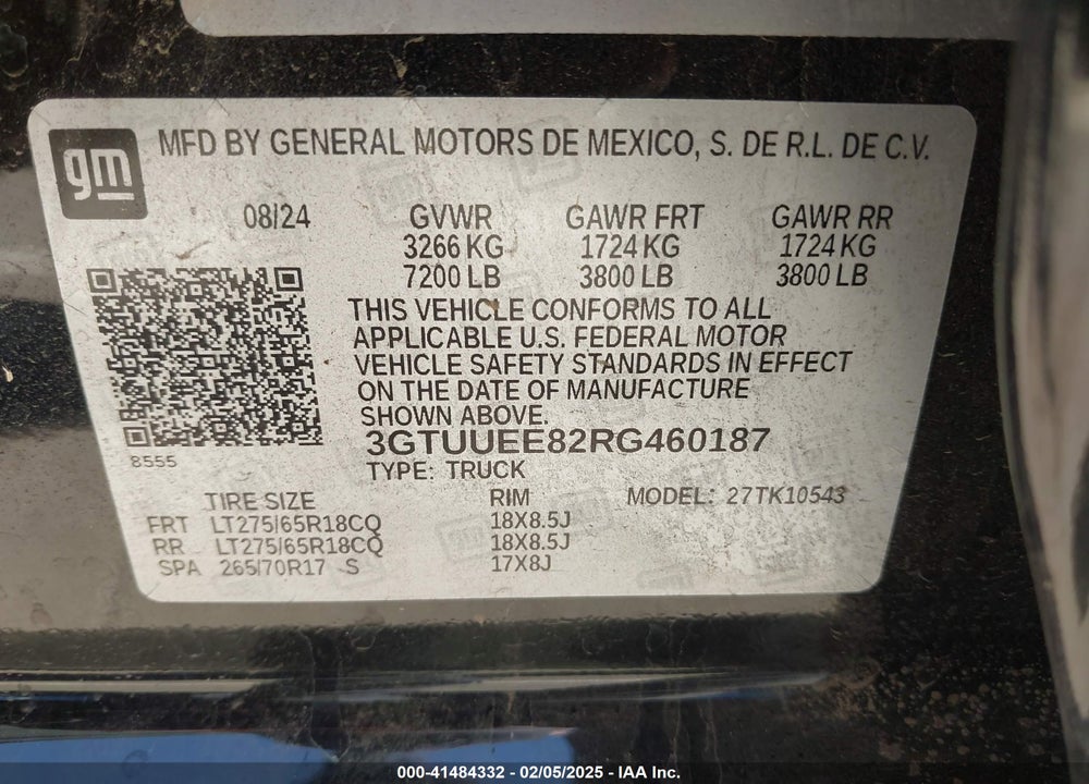 2024 GMC SIERRA 1500 VIN: 3GTUUEE82RG460187