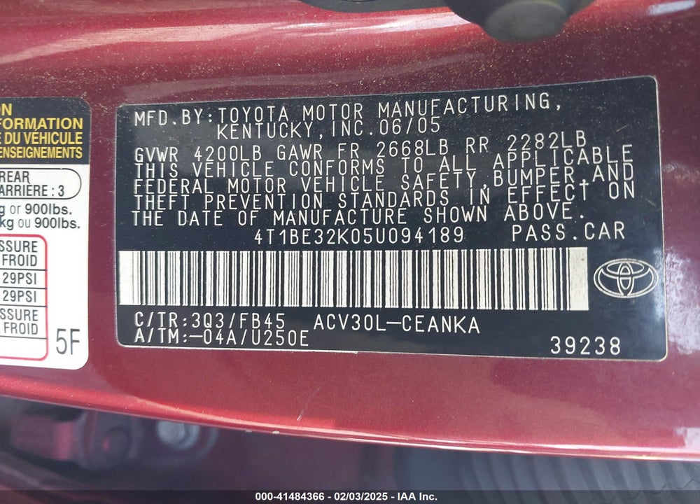 2005 TOYOTA CAMRY LE VIN: 4T1BE32K05U094189
