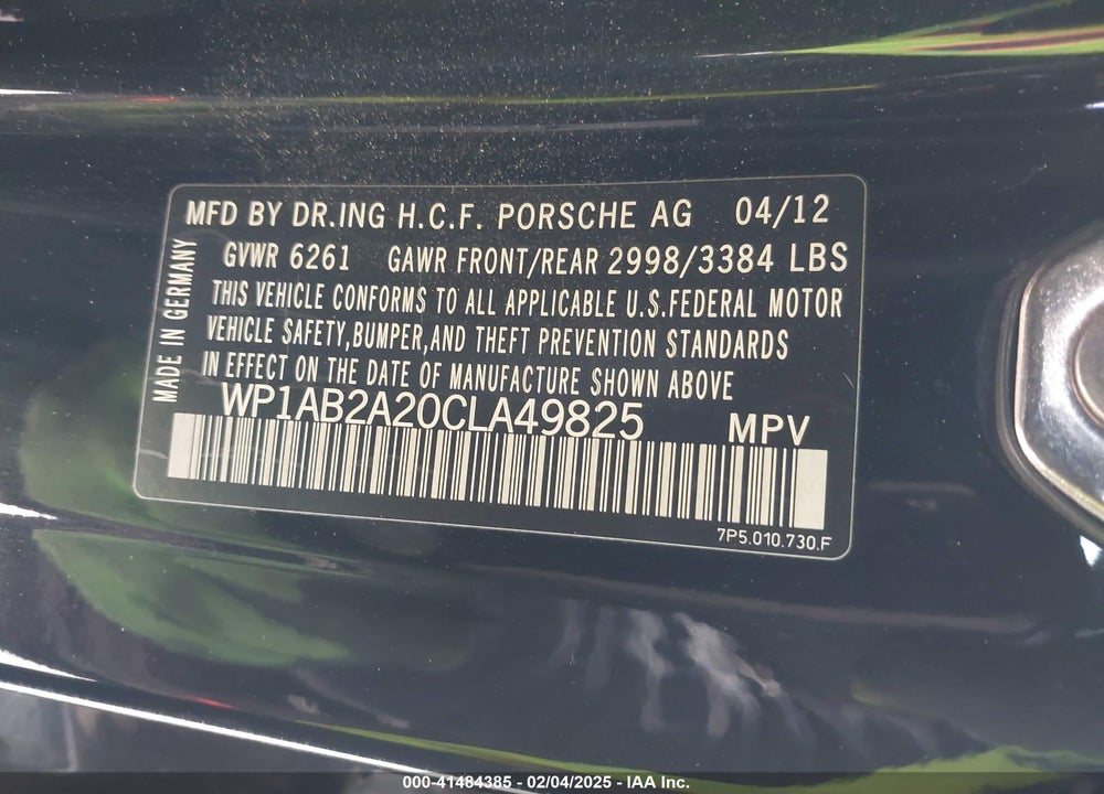 2012 PORSCHE CAYENNE S VIN: WP1AB2A20CLA49825