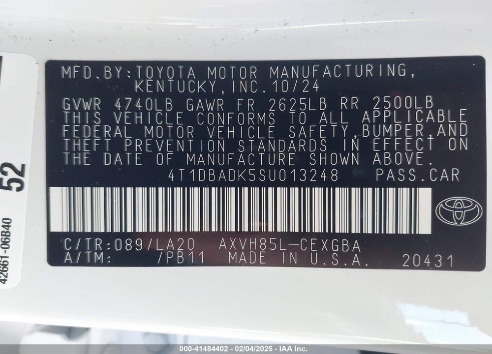 2025 TOYOTA CAMRY VIN: 4T1DBADK5SU013248