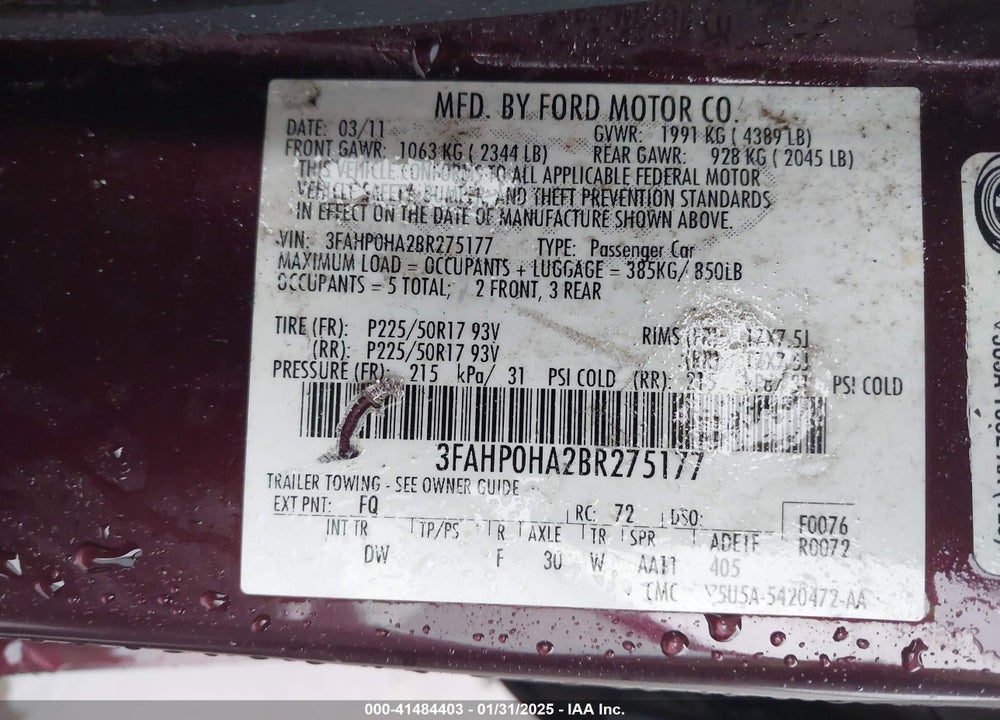 2011 FORD FUSION SE VIN: 3FAHP0HA2BR275177