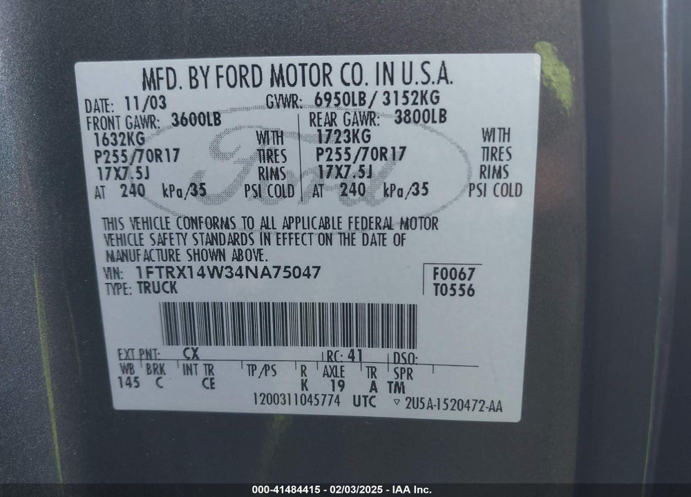 2004 FORD F-150 STX/XL/XLT VIN: 1FTRX14W34NA75047