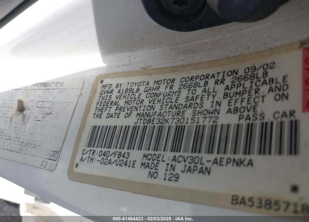 2003 TOYOTA CAMRY LE VIN: JTDBE32K730151772