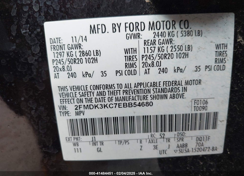 2014 FORD EDGE LIMITED VIN: 2FMDK3KC7EBB54680