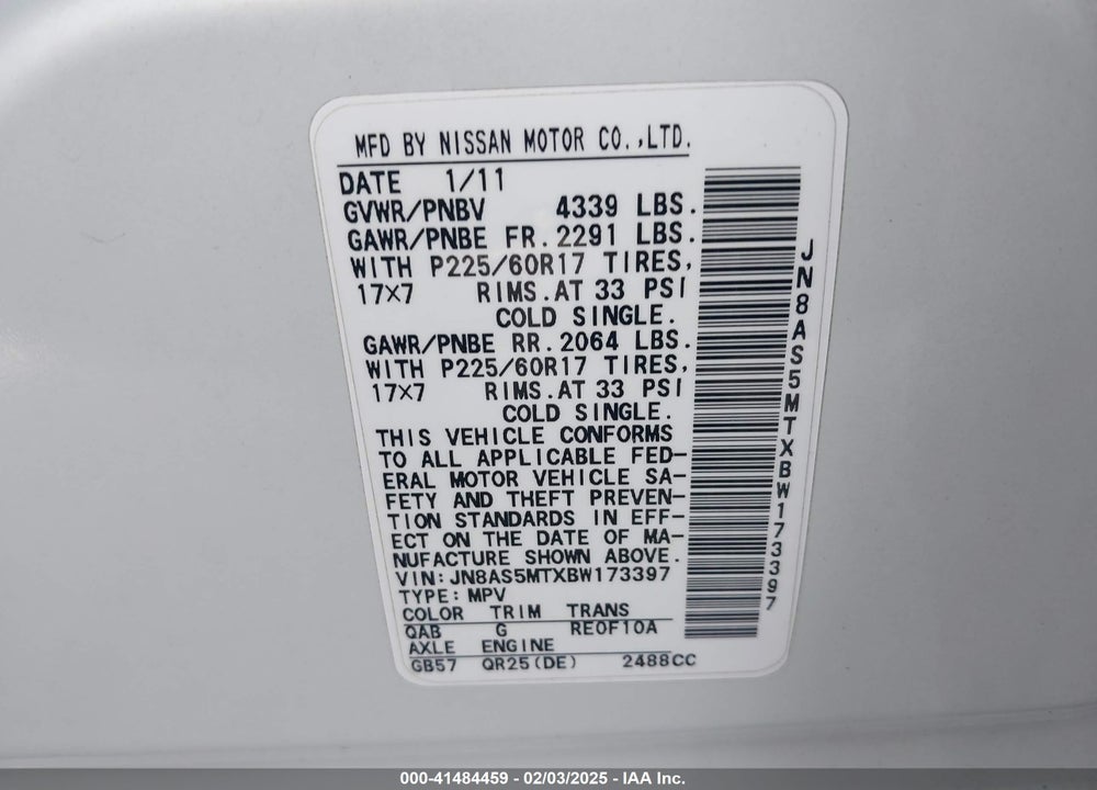 2011 NISSAN ROGUE SV VIN: JN8AS5MTXBW173397
