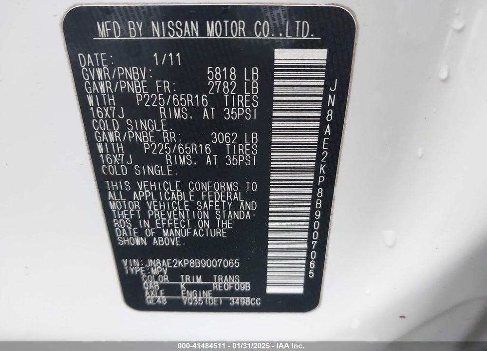 2011 NISSAN QUEST VIN: JN8AE2KP8B9007065