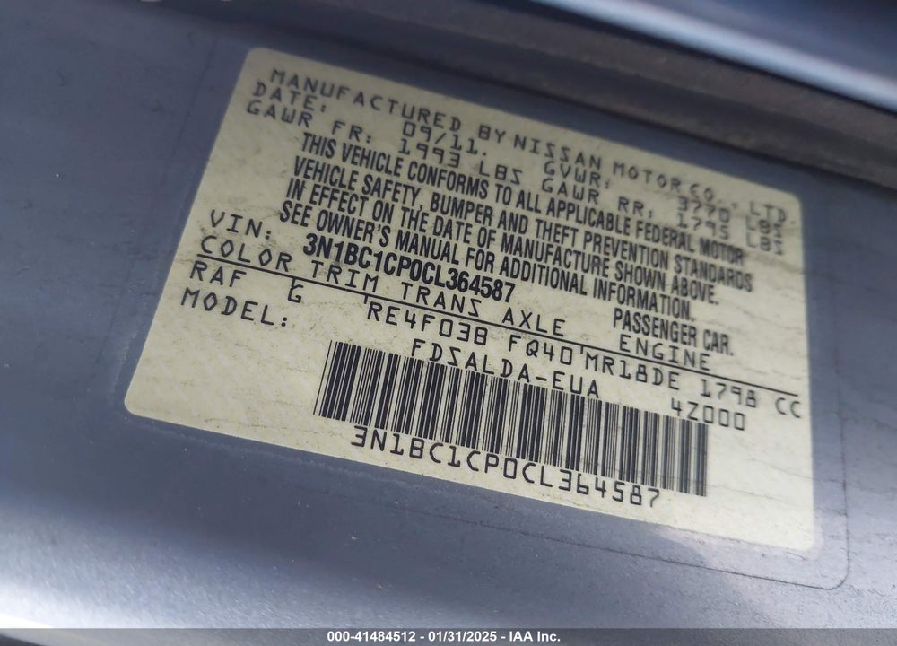 2012 NISSAN VERSA VIN: 3N1BC1CP0CL364587