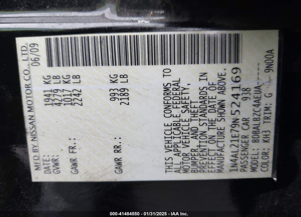 2009 NISSAN ALTIMA VIN: 1N4AL21E79N524169