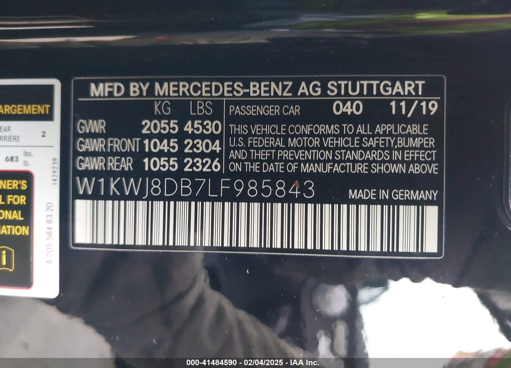 2020 MERCEDES-BENZ C VIN: W1KWJ8DB7LF985843