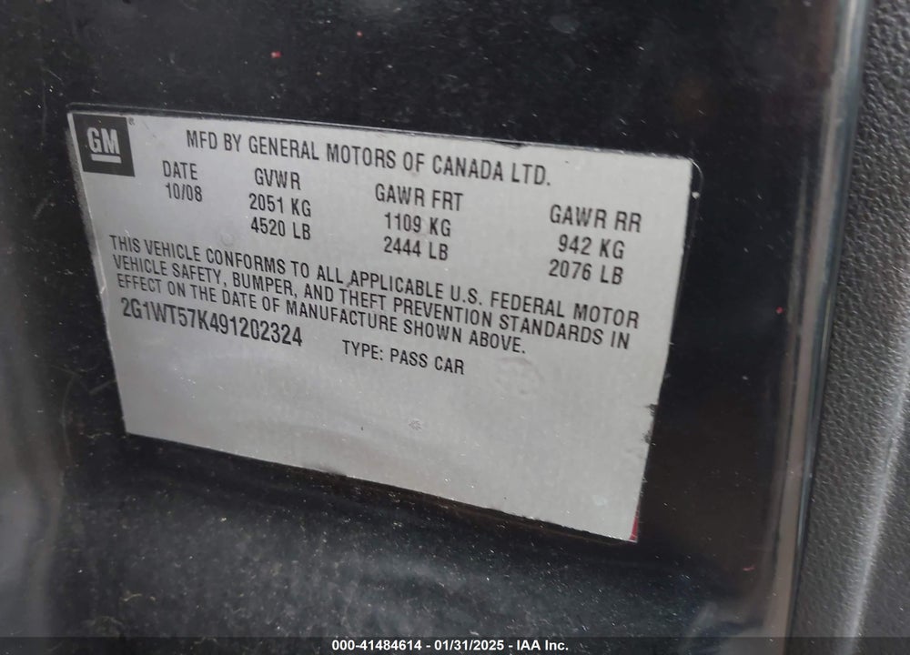 2009 CHEVROLET IMPALA VIN: 2G1WT57K491202324