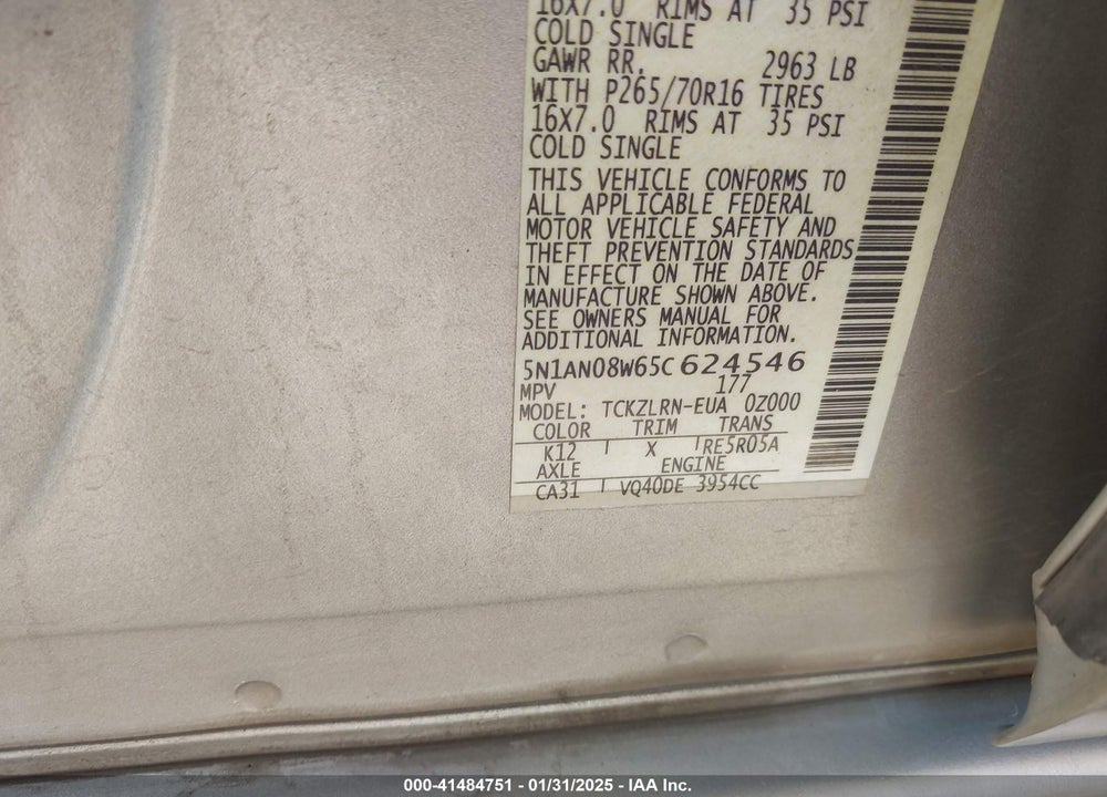 2005 NISSAN XTERRA S VIN: 5N1AN08W65C624546