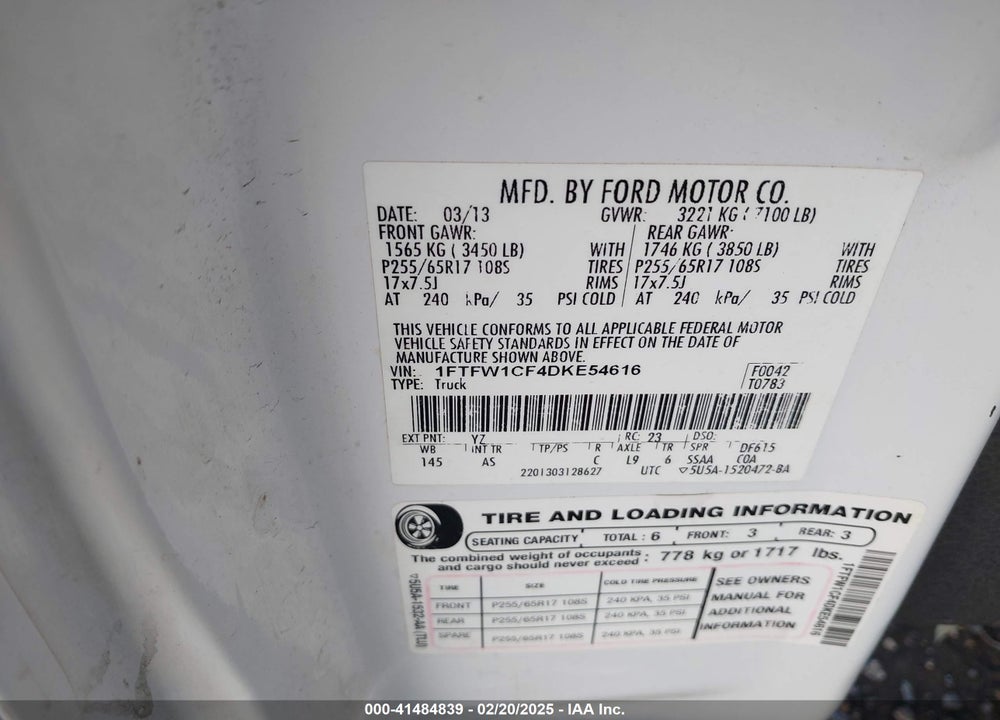 2013 FORD F-150 VIN: 1FTFW1CF4DKE54616