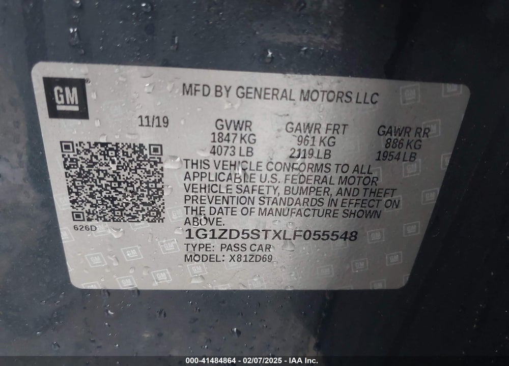 2020 CHEVROLET MALIBU VIN: 1G1ZD5STXLF055548