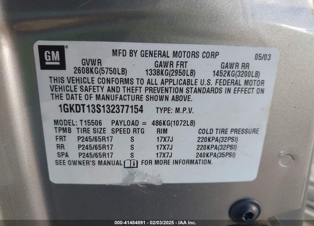 2003 GMC ENVOY SLE VIN: 1GKDT13S132377154