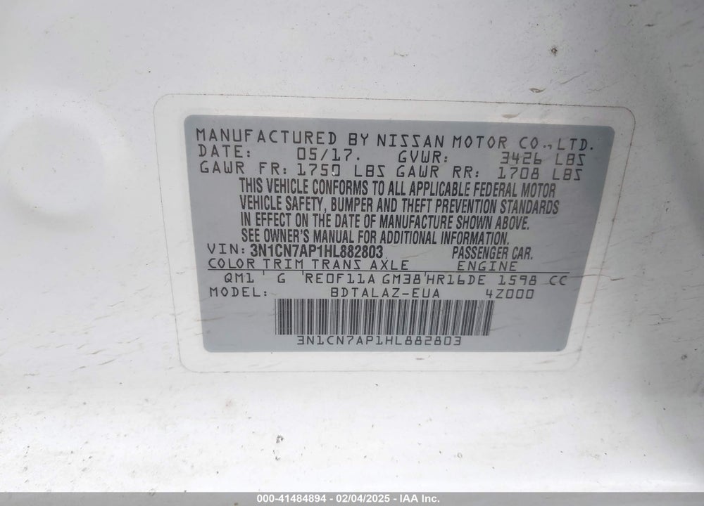 2017 NISSAN VERSA 1.6 S+ VIN: 3N1CN7AP1HL882803