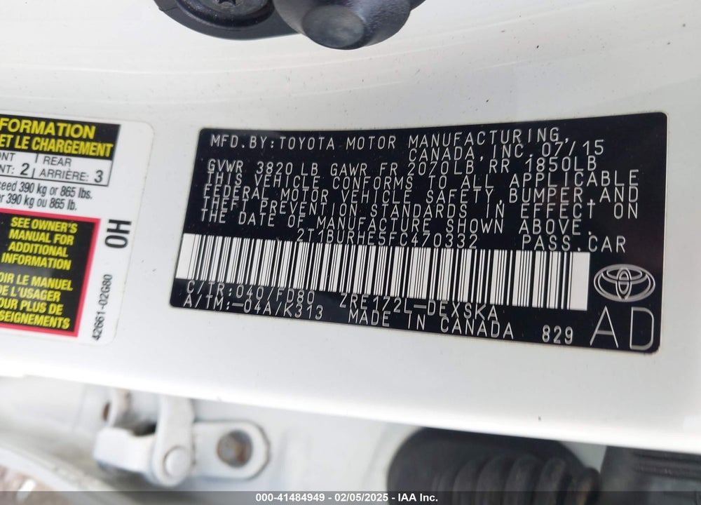 2015 TOYOTA COROLLA VIN: 2T1BURHE5FC470332