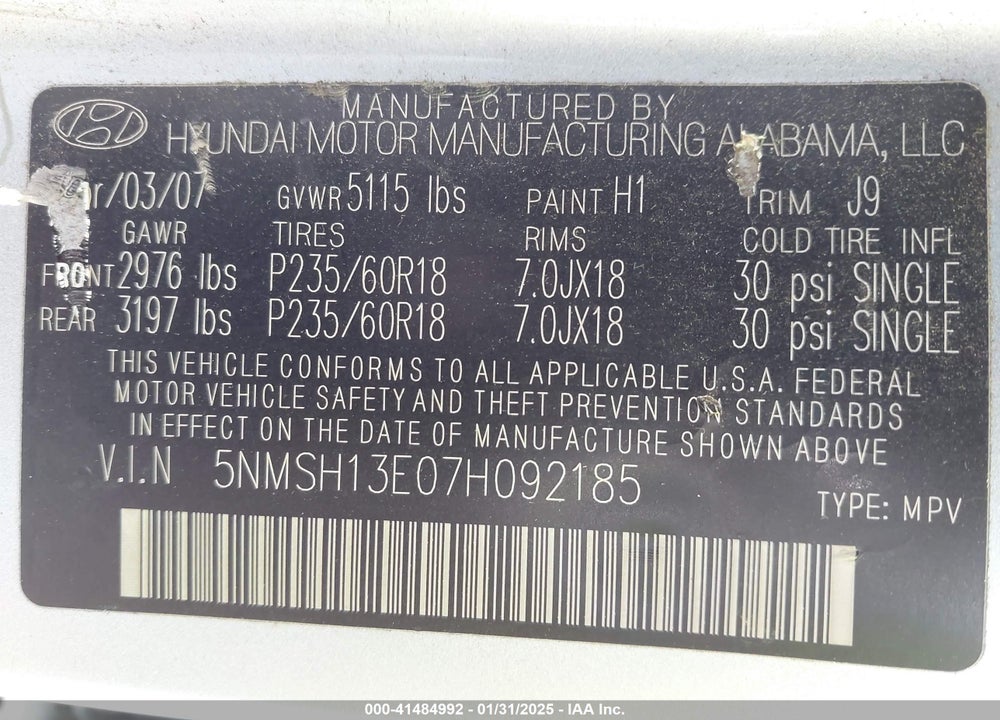 2007 HYUNDAI SANTA FE LIMITED/SE VIN: 5NMSH13E07H092185