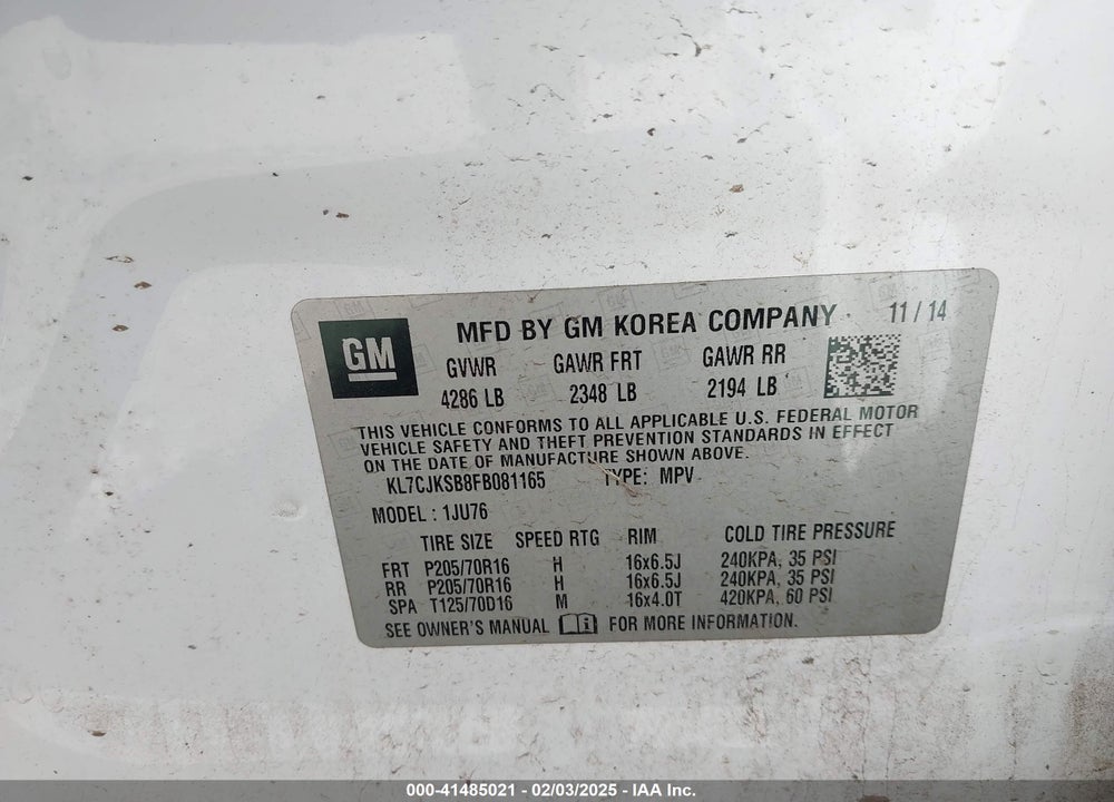 2015 CHEVROLET TRAX 1LS VIN: KL7CJKSB8FB081165