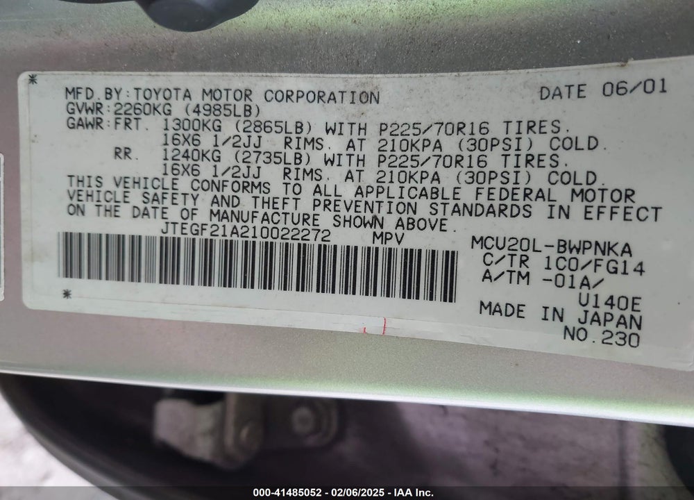 2001 TOYOTA HIGHLANDER V6 VIN: JTEGF21A210022272