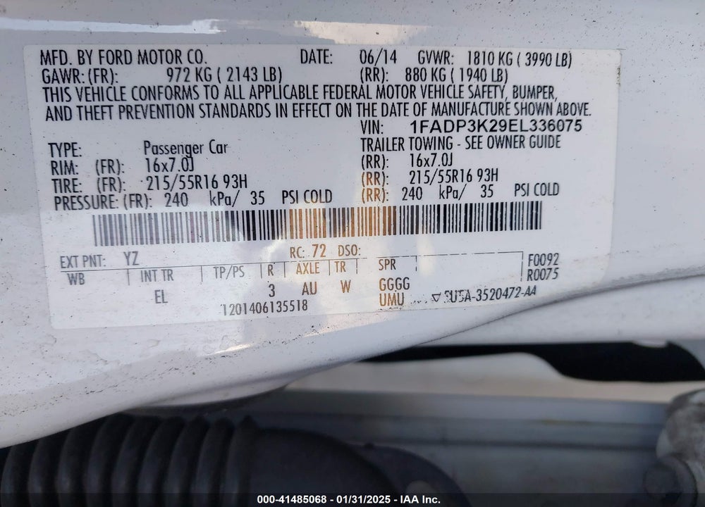 2014 FORD FOCUS VIN: 1FADP3K29EL336075