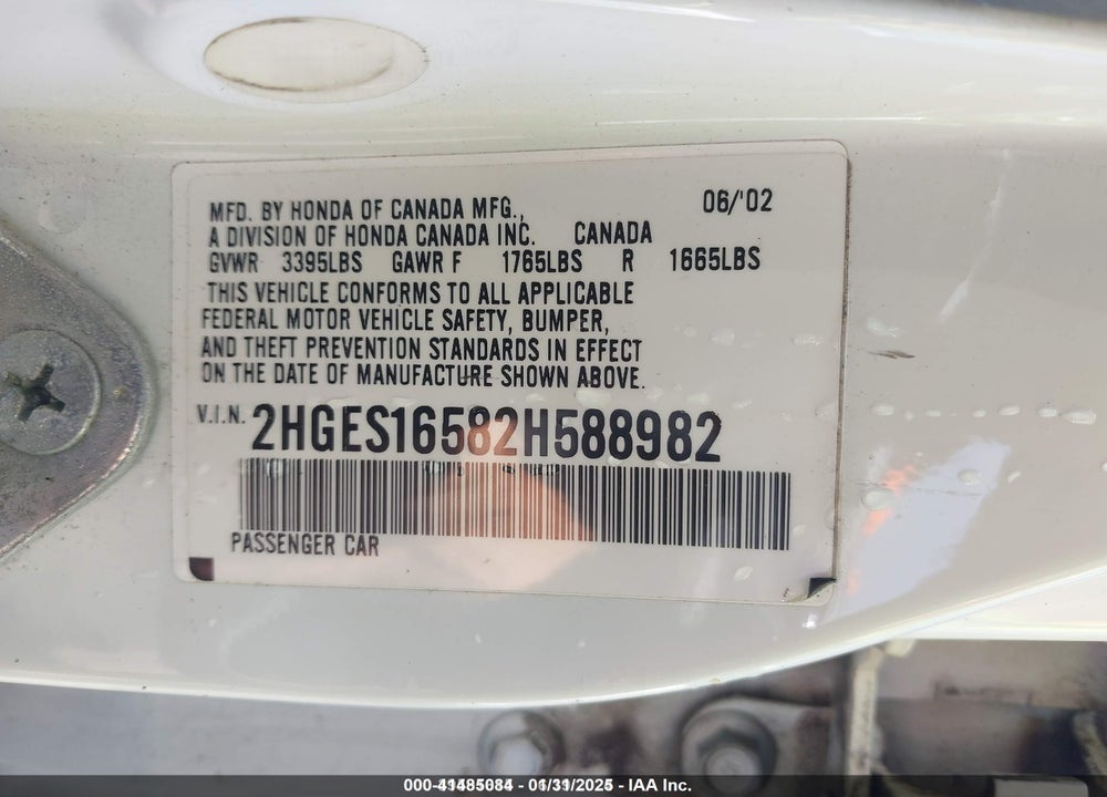 2002 HONDA CIVIC VIN: 2HGES16582H588982