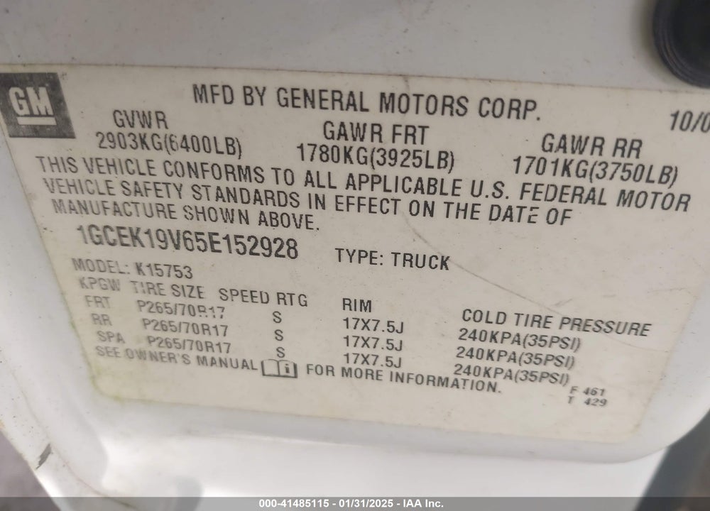 2005 CHEVROLET SILVERADO 1500 WORK TRUCK VIN: 1GCEK19V65E152928