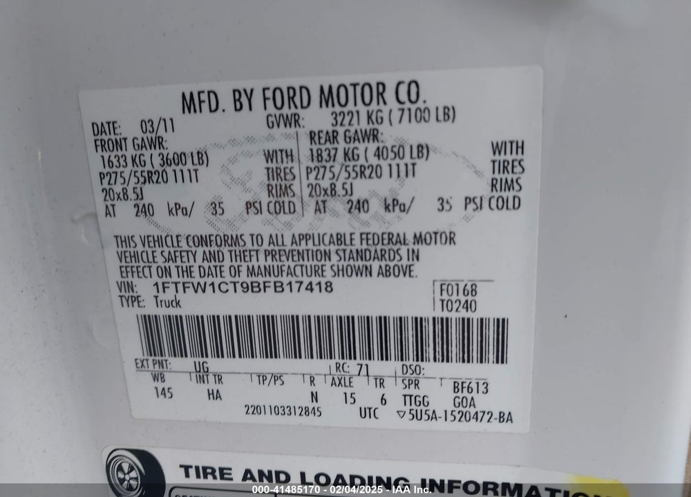 2011 FORD F-150 LARIAT VIN: 1FTFW1CT9BFB17418