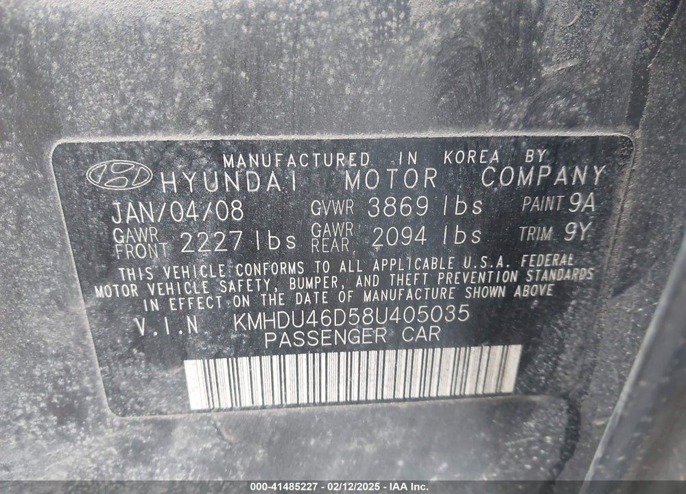 2008 HYUNDAI ELANTRA VIN: KMHDU46D58U405035