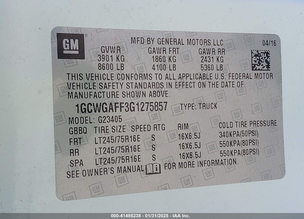 2016 CHEVROLET EXPRESS 2500 WORK VAN VIN: 1GCWGAFF3G1275857