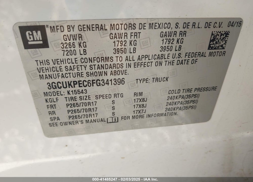 2015 CHEVROLET SILVERADO 1500 VIN: 3GCUKPEC6FG341396