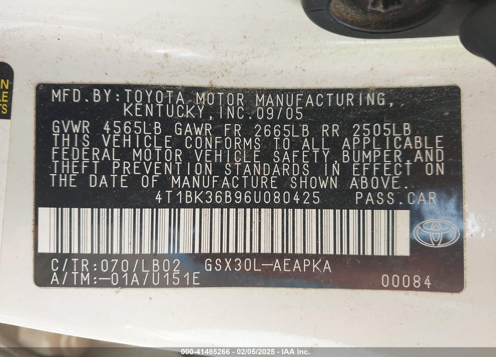 2006 TOYOTA AVALON VIN: 4T1BK36B96U080425