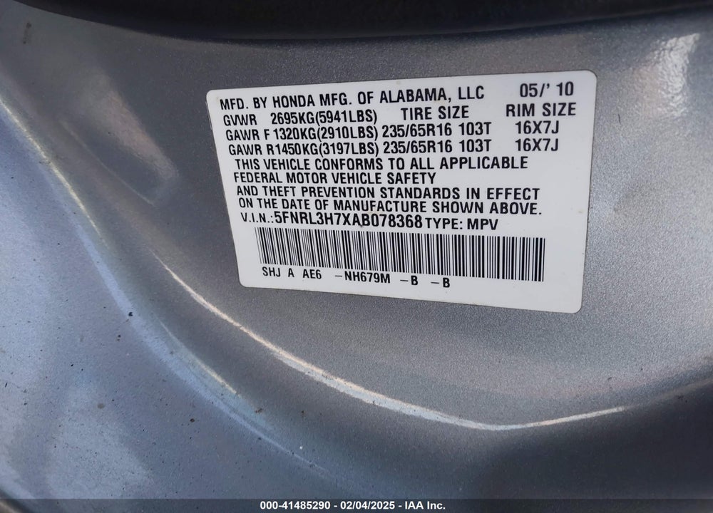 2010 HONDA ODYSSEY EX-L VIN: 5FNRL3H7XAB078368