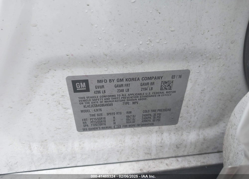 2016 BUICK ENCORE LEATHER VIN: KL4CJCSB4GB649349