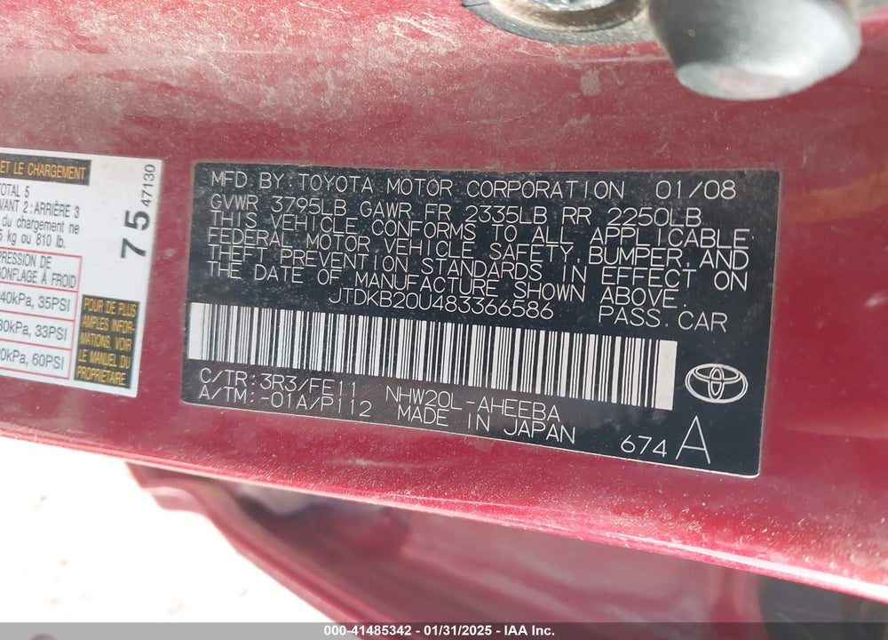 2008 TOYOTA PRIUS VIN: JTDKB20U483366586