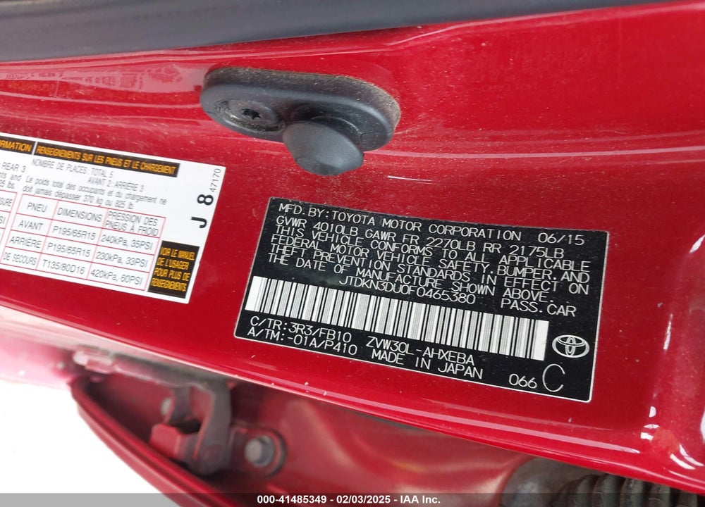 2015 TOYOTA PRIUS VIN: JTDKN3DU0F0465380