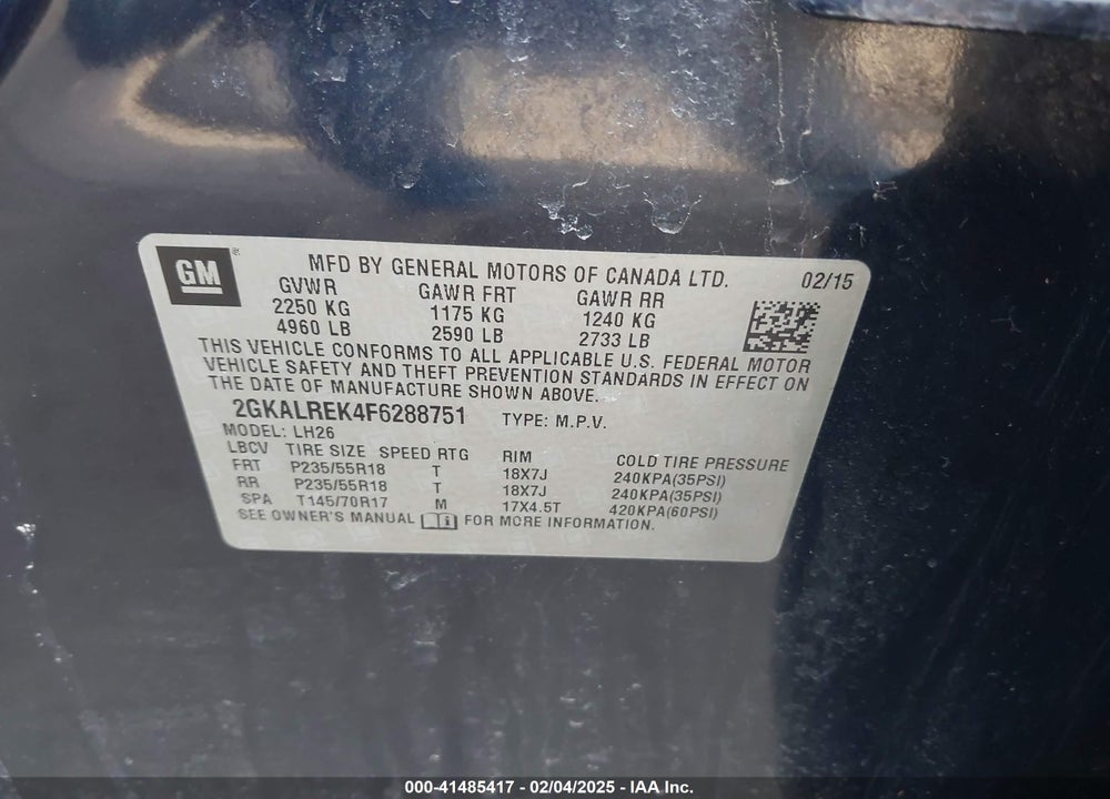 2015 GMC TERRAIN SLE-2 VIN: 2GKALREK4F6288751