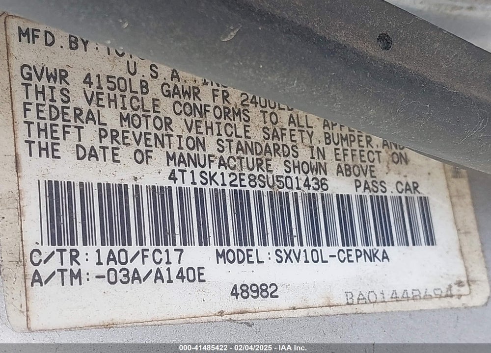 1995 TOYOTA CAMRY LE VIN: 4T1SK12E8SU501436